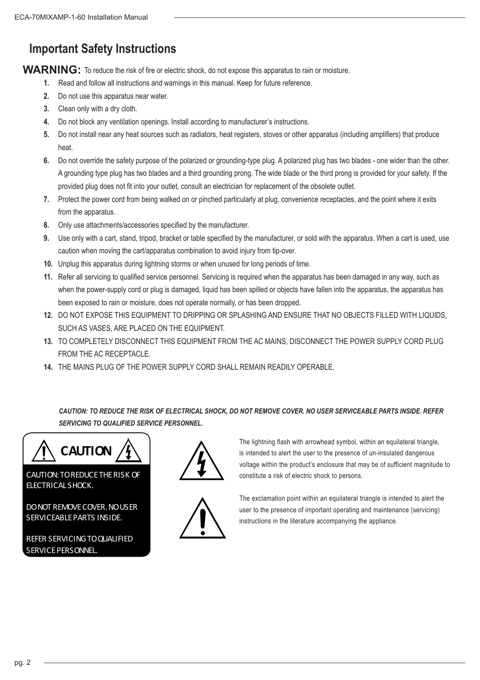 Caution, Important safety instructions, Warning | Staub Electronics ECA-70MIXAMP-1-60 EPISODE - 60 WATT RACK MOUNTABLE 70 VOLT COMMERCIAL AMPLIFIER-MIXER User Manual | Page 2 / 12