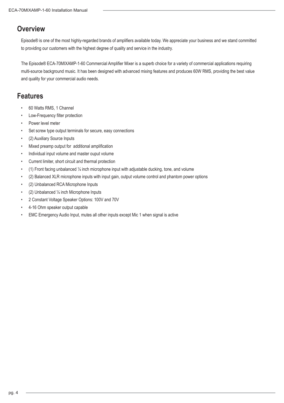 Overview features | Staub Electronics ECA-70MIXAMP-1-60 EPISODE - 60 WATT RACK MOUNTABLE 70 VOLT COMMERCIAL AMPLIFIER-MIXER User Manual | Page 4 / 12
