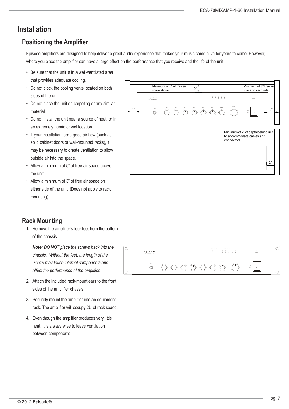Installation, Positioning the amplifier rack mounting | Staub Electronics ECA-70MIXAMP-1-60 EPISODE - 60 WATT RACK MOUNTABLE 70 VOLT COMMERCIAL AMPLIFIER-MIXER User Manual | Page 7 / 12