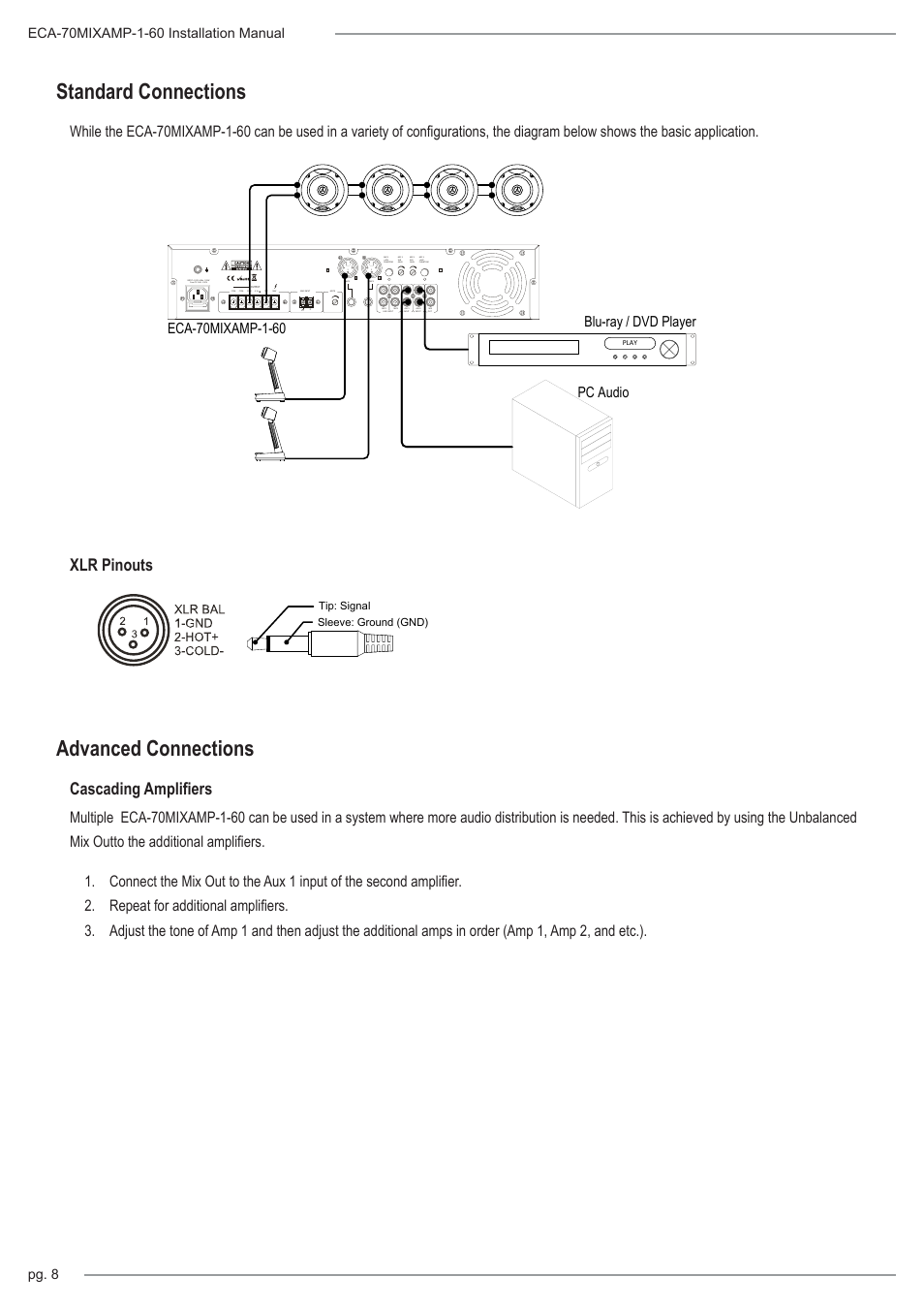 Standard connections advanced connections, Xlr pinouts cascading amplifiers, Blu-ray / dvd player pc audio | Tip: signal sleeve: ground (gnd) | Staub Electronics ECA-70MIXAMP-1-60 EPISODE - 60 WATT RACK MOUNTABLE 70 VOLT COMMERCIAL AMPLIFIER-MIXER User Manual | Page 8 / 12