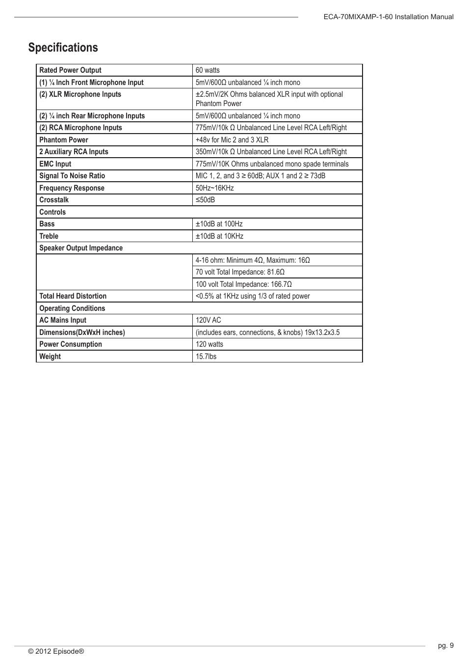 Specifications | Staub Electronics ECA-70MIXAMP-1-60 EPISODE - 60 WATT RACK MOUNTABLE 70 VOLT COMMERCIAL AMPLIFIER-MIXER User Manual | Page 9 / 12