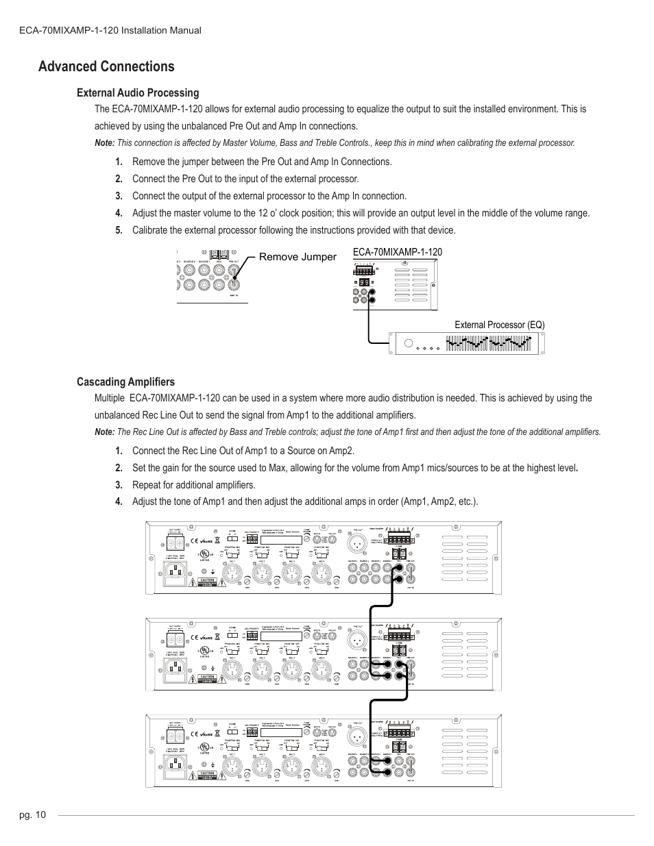 Advanced connections, External audio processing cascading amplifiers, Remove jumper | External processor (eq), Source 4 rec pre out amp in, Batt supply, Source 3 source 2 source 1, 24v 8a, Gain, On off 2t 4t | Staub Electronics ECA-70MIXAMP-1-120 - EPISODE - 120 WATT RACK MOUNTABLE 70 VOLT COMMERCIAL AMPLIFIER-MIXER User Manual | Page 10 / 16