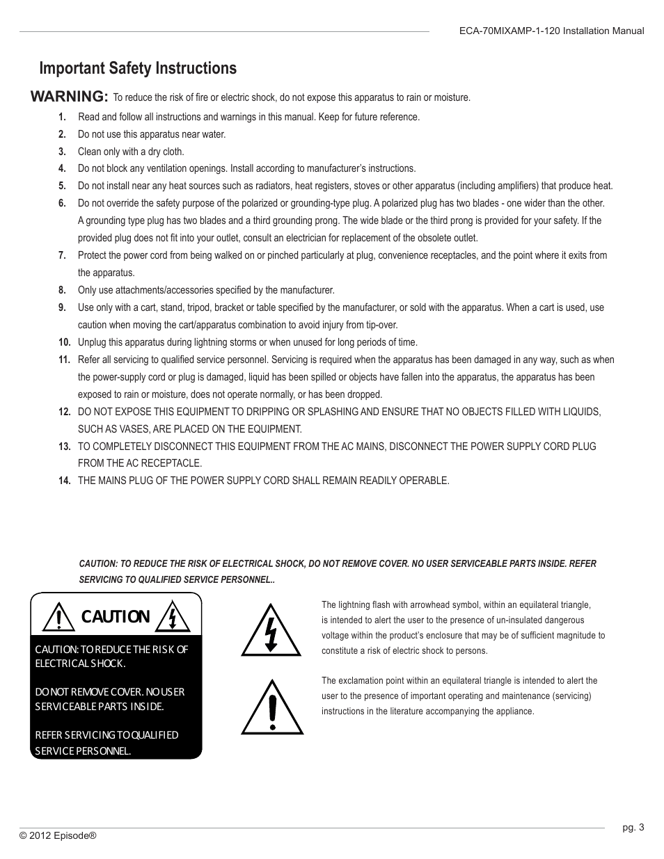 Caution, Important safety instructions, Warning | Staub Electronics ECA-70MIXAMP-1-120 - EPISODE - 120 WATT RACK MOUNTABLE 70 VOLT COMMERCIAL AMPLIFIER-MIXER User Manual | Page 3 / 16