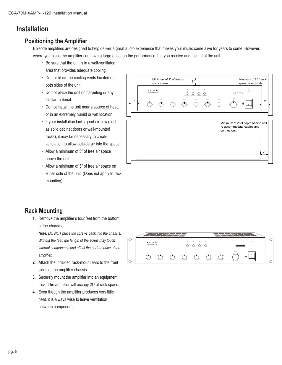 Installation, Positioning the amplifier rack mounting, Mic1 mic2 mic3 on off on off on off on off mic4 | Xlr bal 1-gnd 2-hot+ 3-cold | Staub Electronics ECA-70MIXAMP-1-120 - EPISODE - 120 WATT RACK MOUNTABLE 70 VOLT COMMERCIAL AMPLIFIER-MIXER User Manual | Page 8 / 16