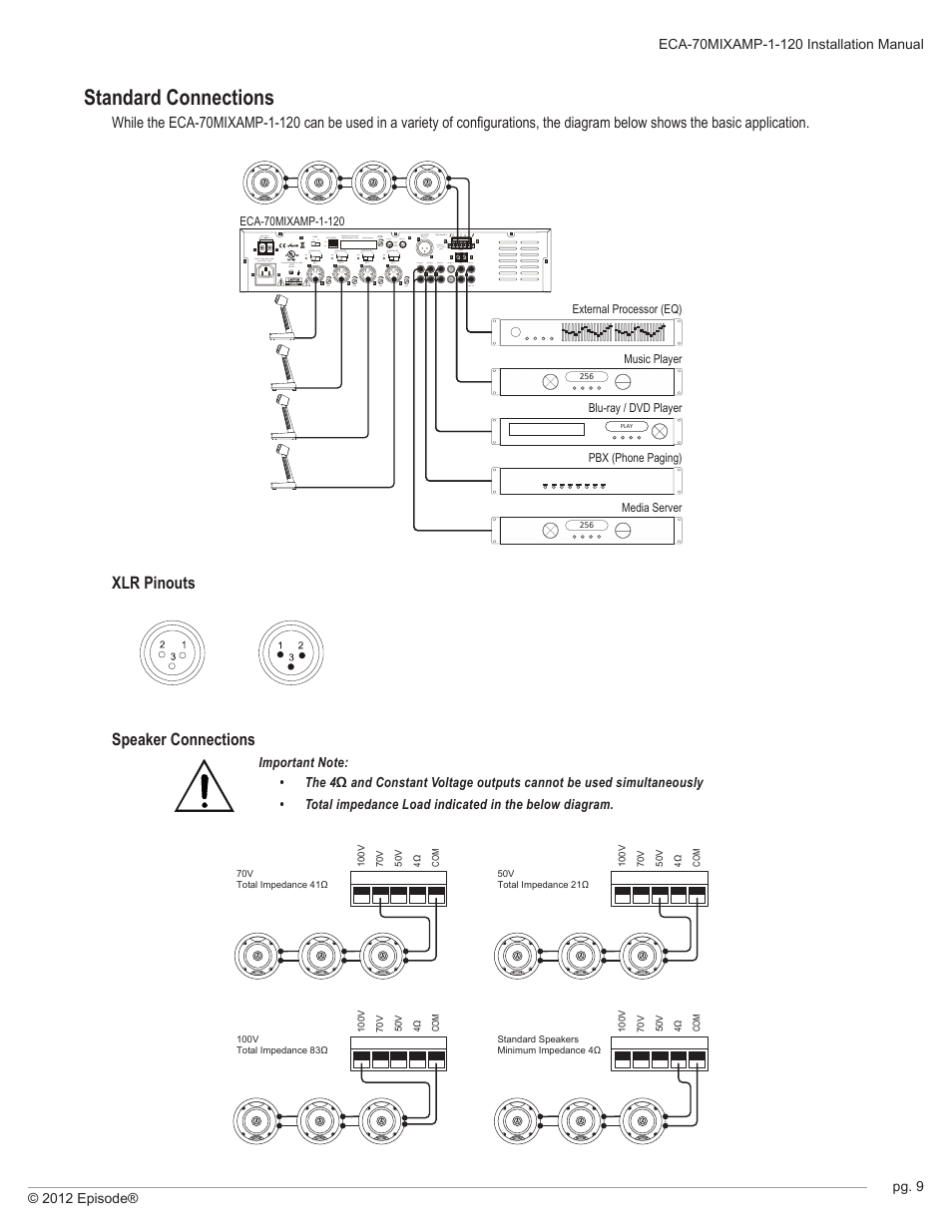 Standard connections, Xlr pinouts speaker connections | Staub Electronics ECA-70MIXAMP-1-120 - EPISODE - 120 WATT RACK MOUNTABLE 70 VOLT COMMERCIAL AMPLIFIER-MIXER User Manual | Page 9 / 16
