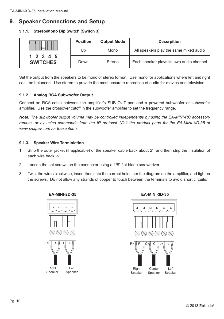 Speaker connections and setup, Stereo/mono dip switch (switch 3), Analog rca subwoofer output | Speaker wire terminiation | Staub Electronics EA-MINI-2D-35 EPISODE - 2 CHANNEL 35 WATTS DIGITAL MINI-AMPLIFIER User Manual | Page 10 / 20