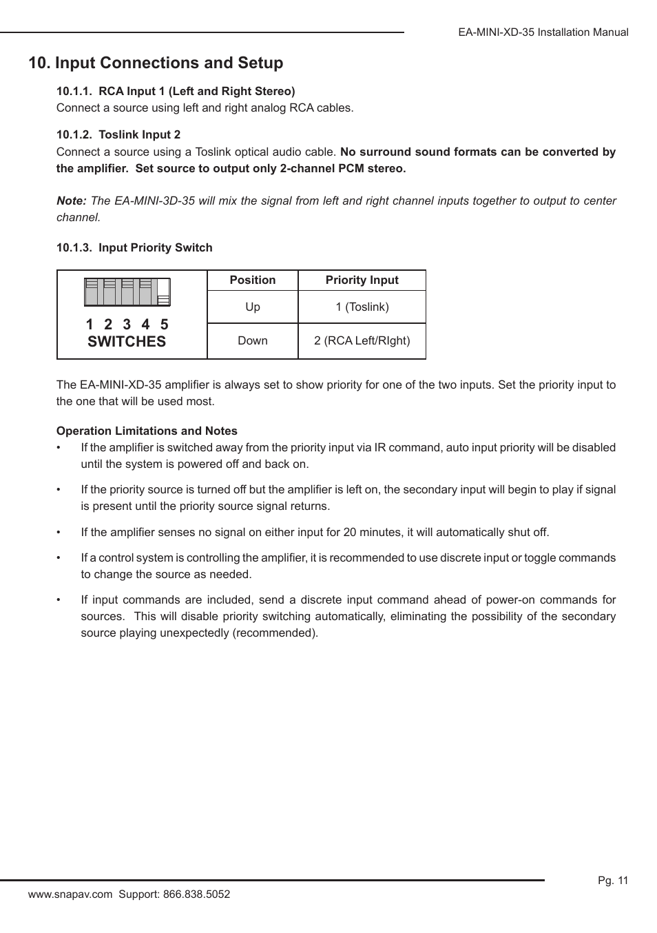 Input connections and setup, Rca input 1 (left and right stereo), Toslink input 2 | Input priority switch | Staub Electronics EA-MINI-2D-35 EPISODE - 2 CHANNEL 35 WATTS DIGITAL MINI-AMPLIFIER User Manual | Page 11 / 20