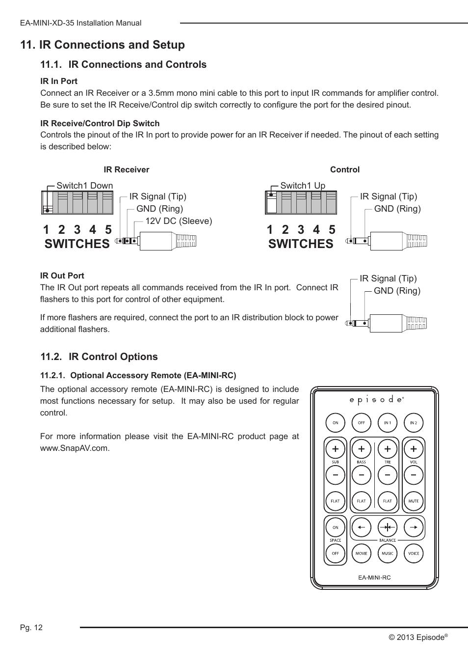 Ir connections and setup, Ir connections and controls, Ir control options | Optional accessory remote (ea-mini-rc) | Staub Electronics EA-MINI-2D-35 EPISODE - 2 CHANNEL 35 WATTS DIGITAL MINI-AMPLIFIER User Manual | Page 12 / 20