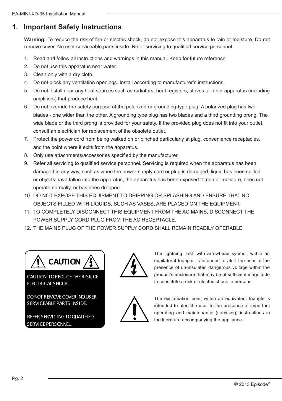 Important safety instructions, Caution | Staub Electronics EA-MINI-2D-35 EPISODE - 2 CHANNEL 35 WATTS DIGITAL MINI-AMPLIFIER User Manual | Page 2 / 20