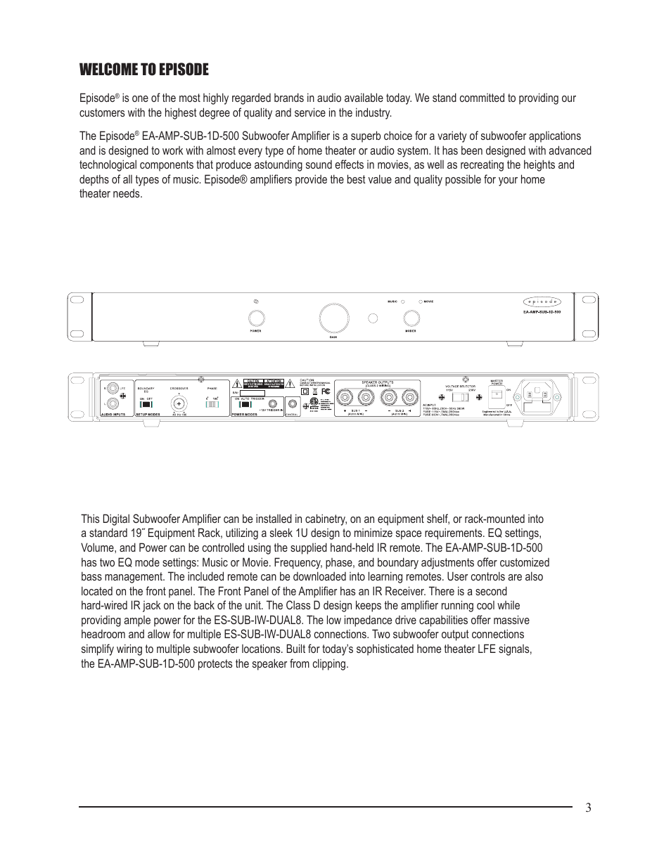 Welcome to episode | Staub Electronics EA-AMP-SUB-1D-500 EPISODE - DIGITAL SUBWOOFER AMP User Manual | Page 3 / 8
