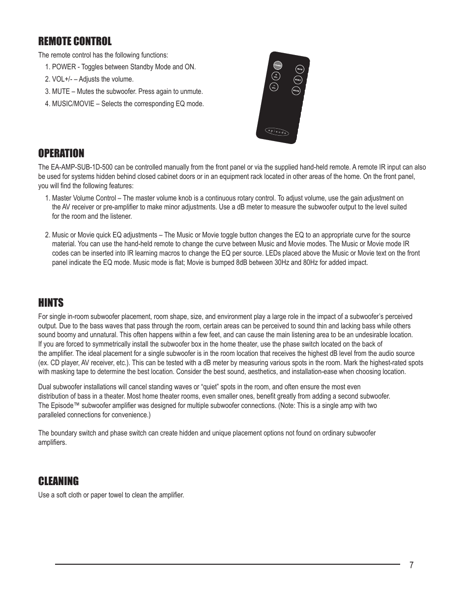 Remote control, Operation, Hints | Cleaning | Staub Electronics EA-AMP-SUB-1D-500 EPISODE - DIGITAL SUBWOOFER AMP User Manual | Page 7 / 8