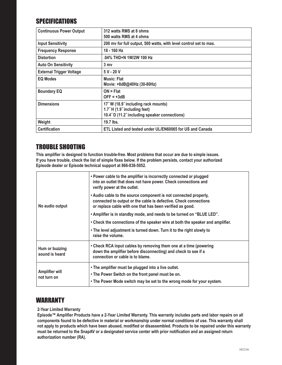 Specifications warranty trouble shooting | Staub Electronics EA-AMP-SUB-1D-500 EPISODE - DIGITAL SUBWOOFER AMP User Manual | Page 8 / 8