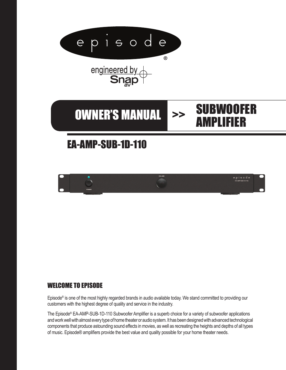 Staub Electronics EA-AMP-SUB-1D-110 EPISODE - DIGITAL SUBWOOFER AMP 110 WATT W_ 12V TRIGGER User Manual | 8 pages