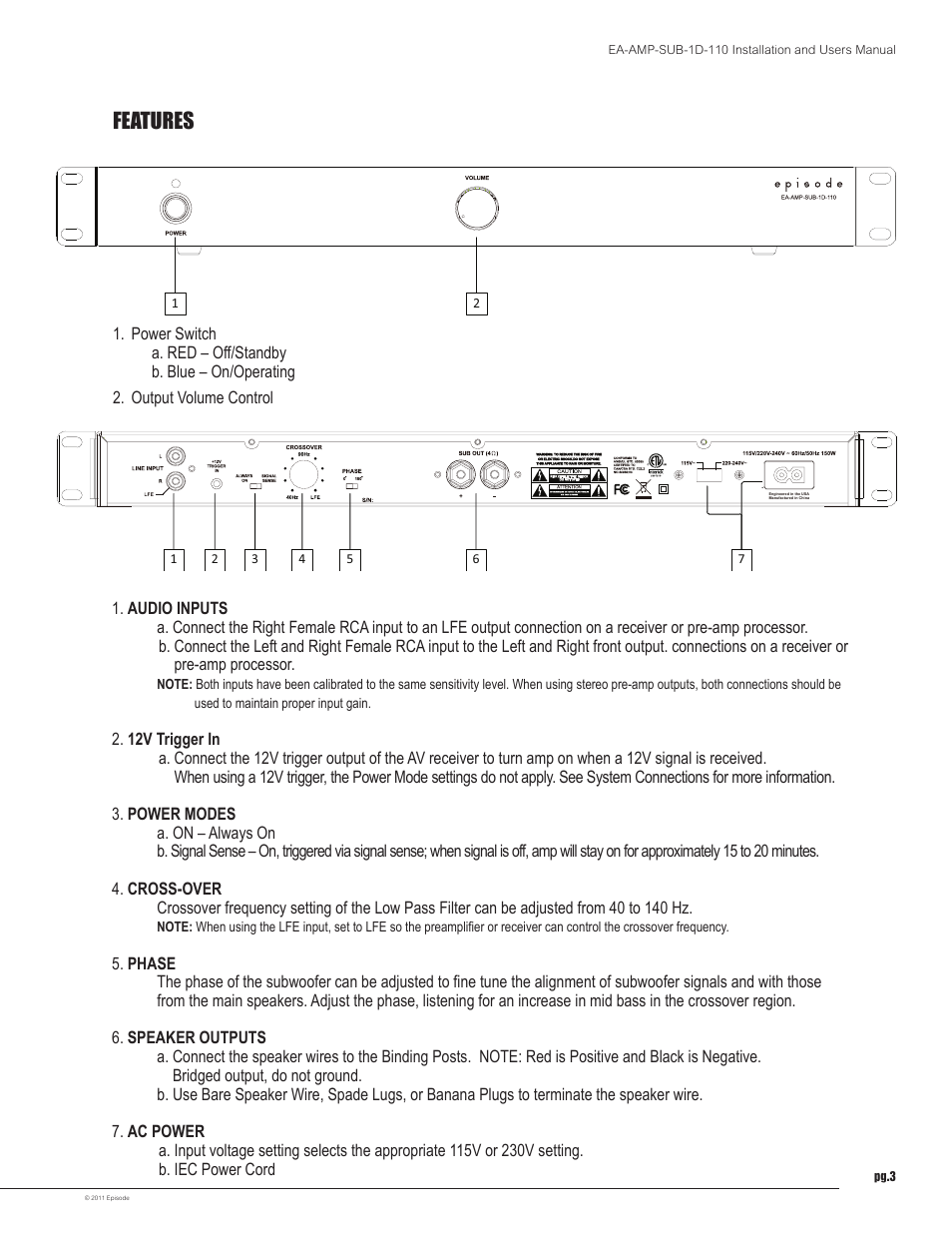 Features | Staub Electronics EA-AMP-SUB-1D-110 EPISODE - DIGITAL SUBWOOFER AMP 110 WATT W_ 12V TRIGGER User Manual | Page 3 / 8