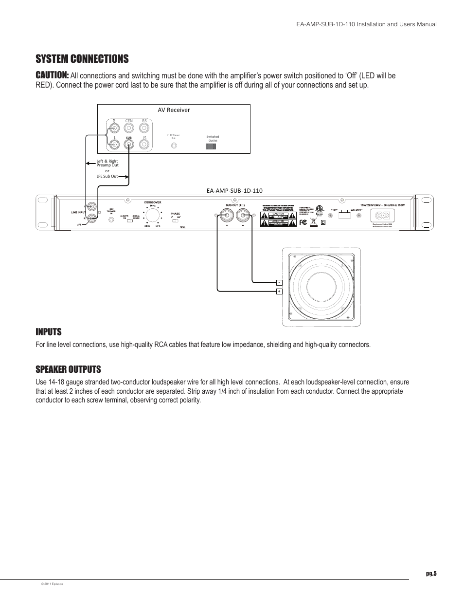 System connections, Caution, Inputs | Speaker outputs | Staub Electronics EA-AMP-SUB-1D-110 EPISODE - DIGITAL SUBWOOFER AMP 110 WATT W_ 12V TRIGGER User Manual | Page 5 / 8