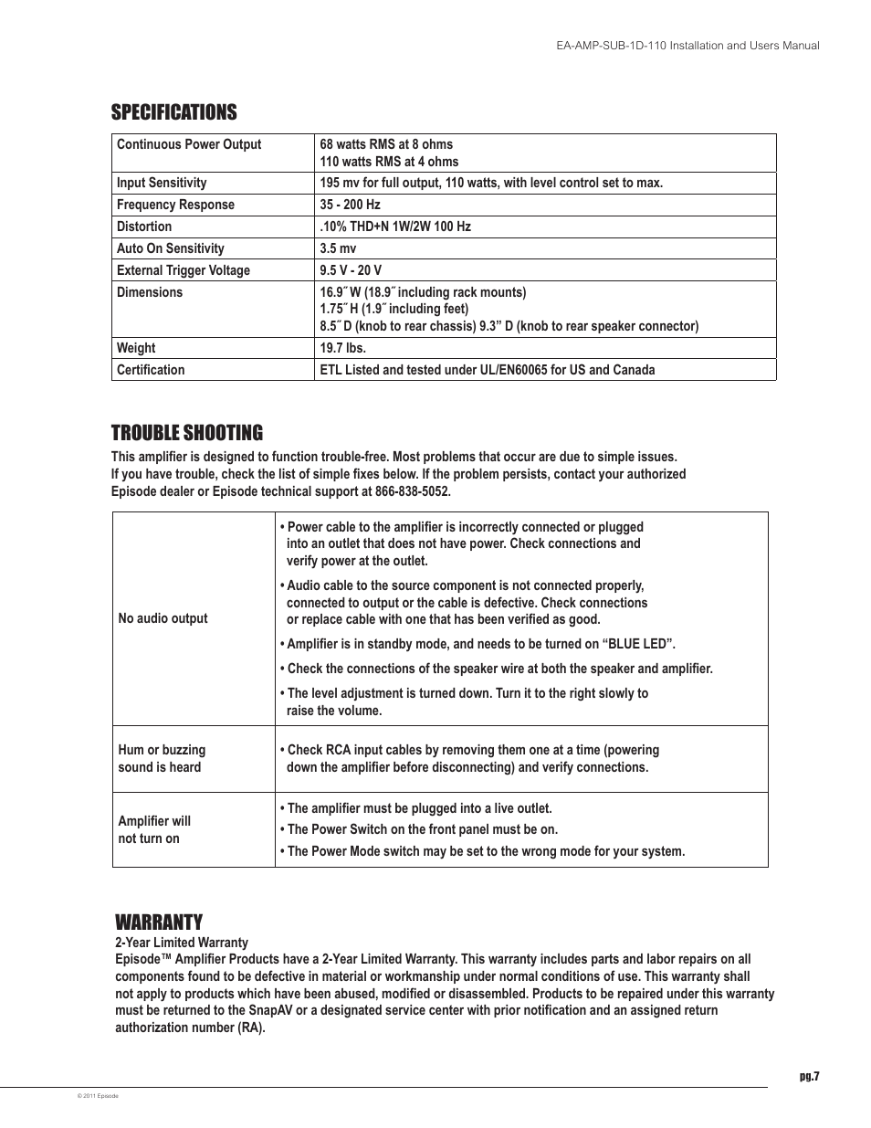 Specifications trouble shooting, Warranty | Staub Electronics EA-AMP-SUB-1D-110 EPISODE - DIGITAL SUBWOOFER AMP 110 WATT W_ 12V TRIGGER User Manual | Page 7 / 8