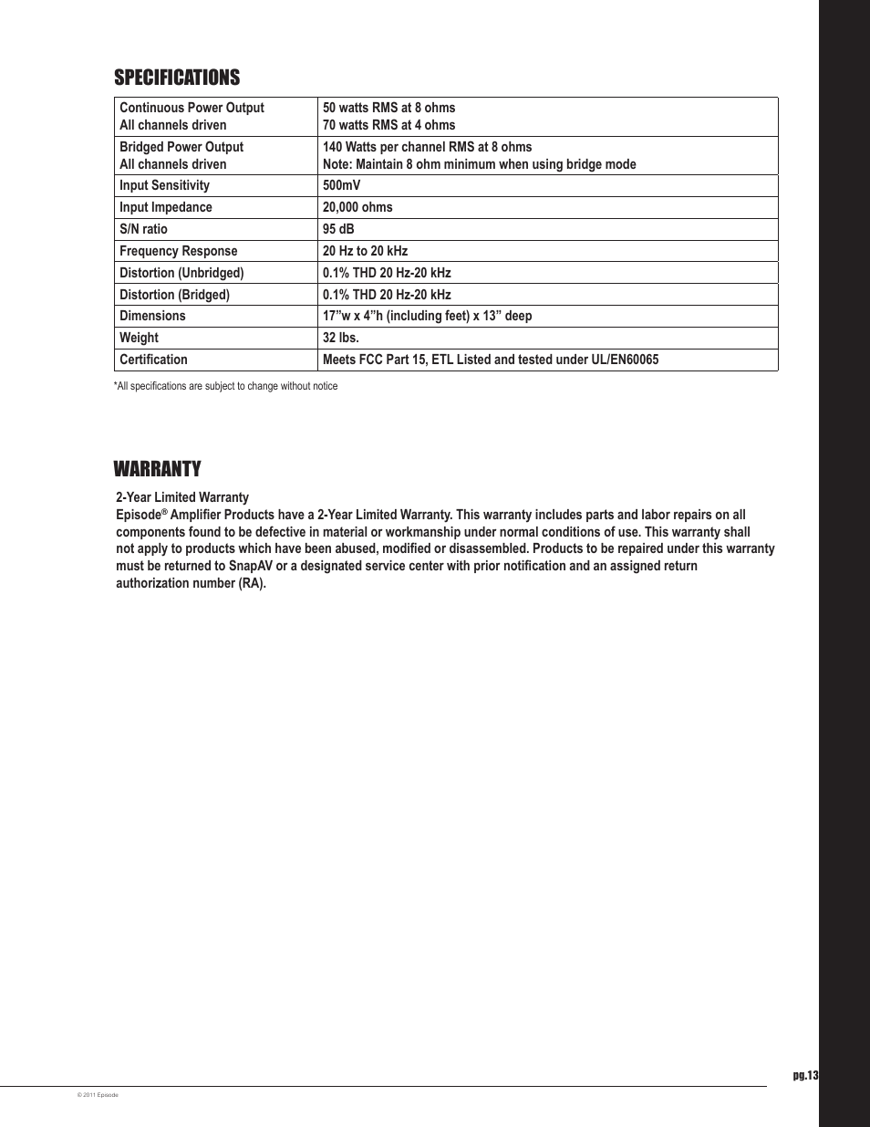 Specifications warranty | Staub Electronics EA-AMP-12D-70A EPISODE - 12 CHANNEL 70 WATTS DIGITAL AMPLIFIER WITH AUTO POWER User Manual | Page 13 / 14