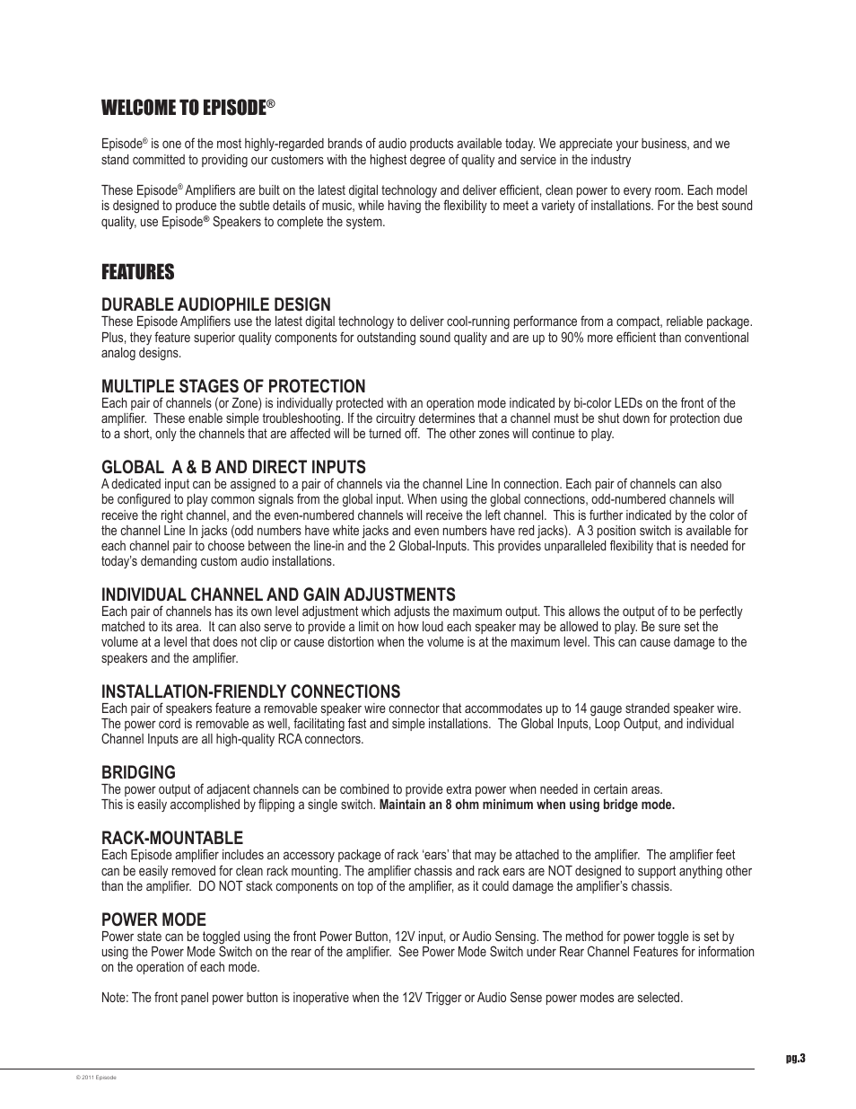 Welcome to episode, Features, Durable audiophile design | Multiple stages of protection, Global a & b and direct inputs, Individual channel and gain adjustments, Installation-friendly connections, Bridging, Rack-mountable, Power mode | Staub Electronics EA-AMP-12D-70A EPISODE - 12 CHANNEL 70 WATTS DIGITAL AMPLIFIER WITH AUTO POWER User Manual | Page 3 / 14