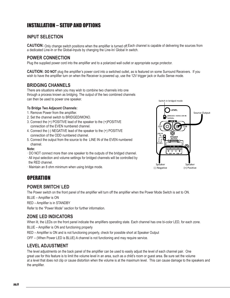 Installation – setup and options, Operation, Input selection | Power connection, Bridging channels, Power switch/ led, Zone led indicators, Level adjustment | Staub Electronics EA-AMP-12D-70A EPISODE - 12 CHANNEL 70 WATTS DIGITAL AMPLIFIER WITH AUTO POWER User Manual | Page 8 / 14
