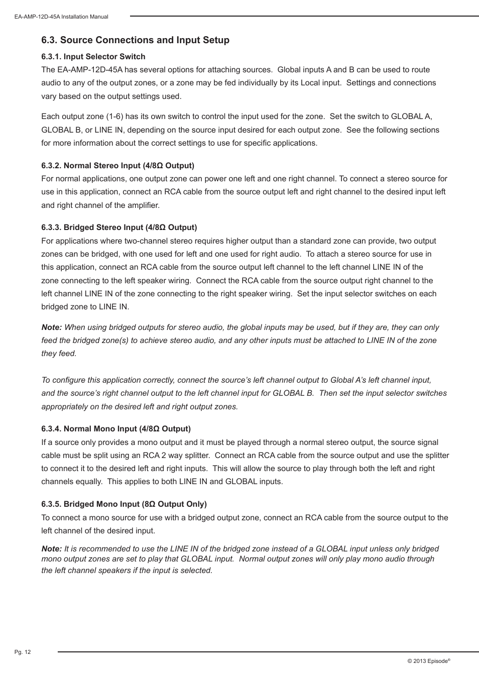 Source connections and input setup | Staub Electronics EA-AMP-12D-45A EPISODE - 12 CHANNEL 45 WATTS DIGITAL AMPLIFIER User Manual | Page 12 / 20
