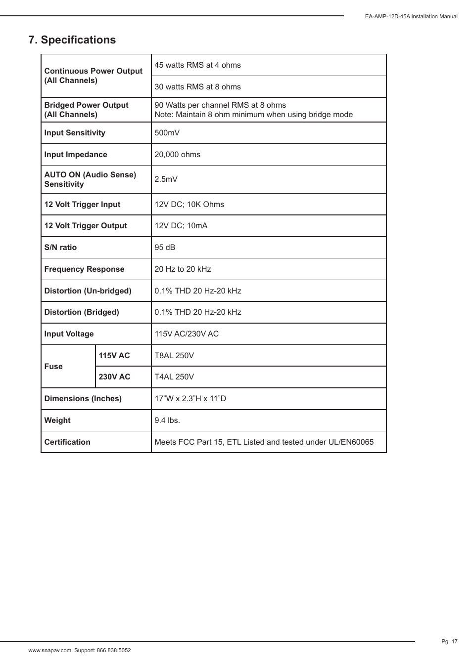Specifications | Staub Electronics EA-AMP-12D-45A EPISODE - 12 CHANNEL 45 WATTS DIGITAL AMPLIFIER User Manual | Page 17 / 20