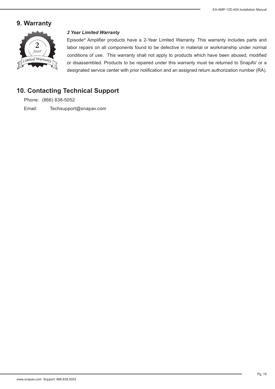 Warranty 10. contacting technical support | Staub Electronics EA-AMP-12D-45A EPISODE - 12 CHANNEL 45 WATTS DIGITAL AMPLIFIER User Manual | Page 19 / 20