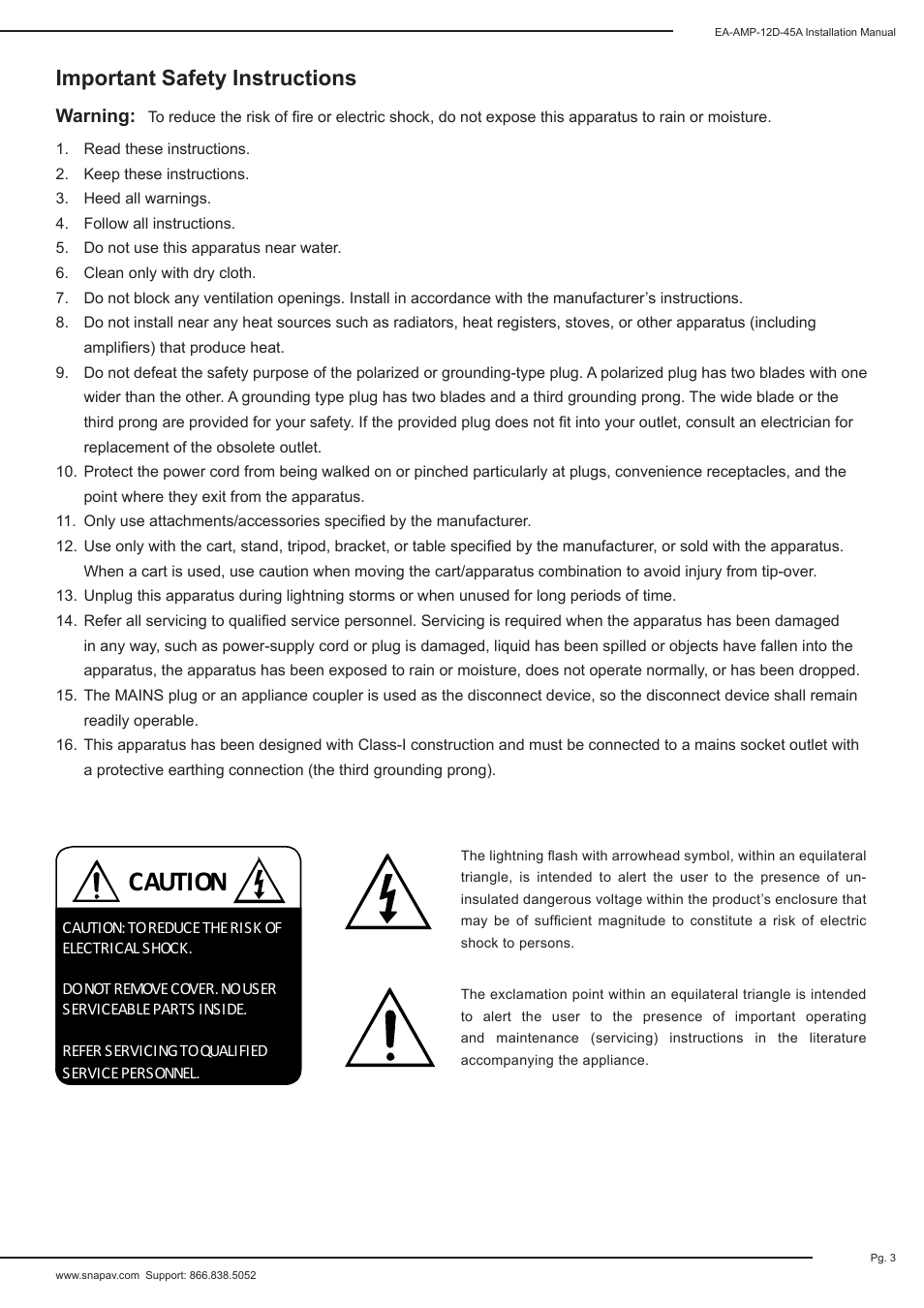Caution, Important safety instructions | Staub Electronics EA-AMP-12D-45A EPISODE - 12 CHANNEL 45 WATTS DIGITAL AMPLIFIER User Manual | Page 3 / 20