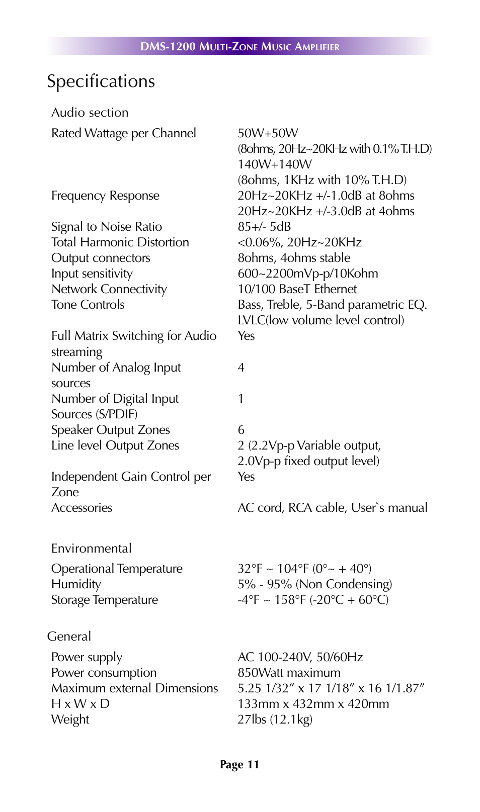 Specifications | Staub Electronics DMS-1200 URC - MULTI ZONE NETWORK AMPLIFIER User Manual | Page 14 / 18