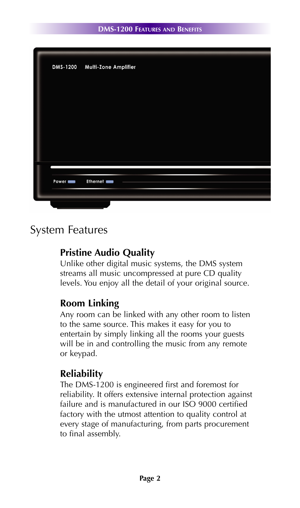 System features, Pristine audio quality, Room linking | Reliability | Staub Electronics DMS-1200 URC - MULTI ZONE NETWORK AMPLIFIER User Manual | Page 5 / 18