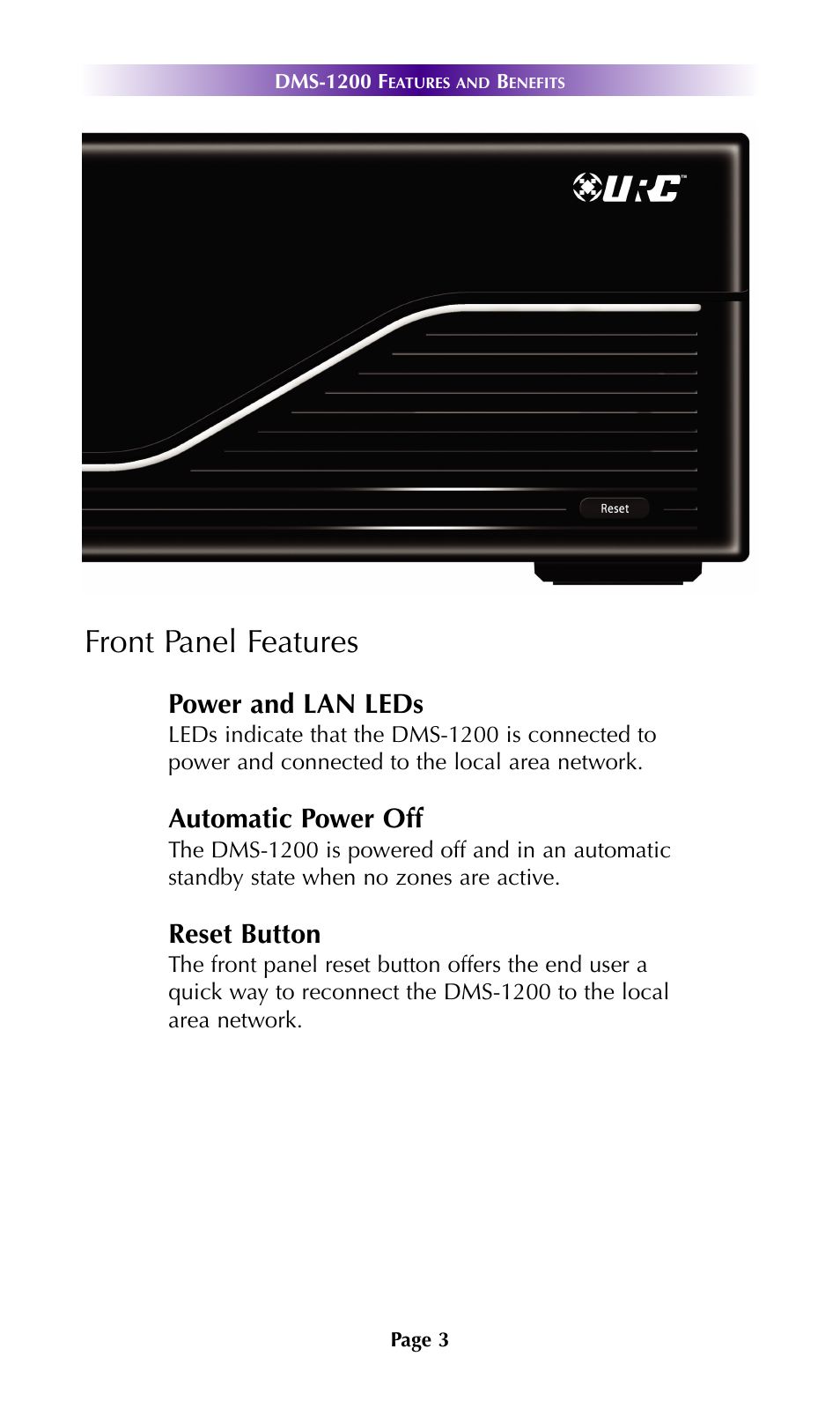 Front panel features, Power and lan leds, Automatic power off | Reset button | Staub Electronics DMS-1200 URC - MULTI ZONE NETWORK AMPLIFIER User Manual | Page 6 / 18
