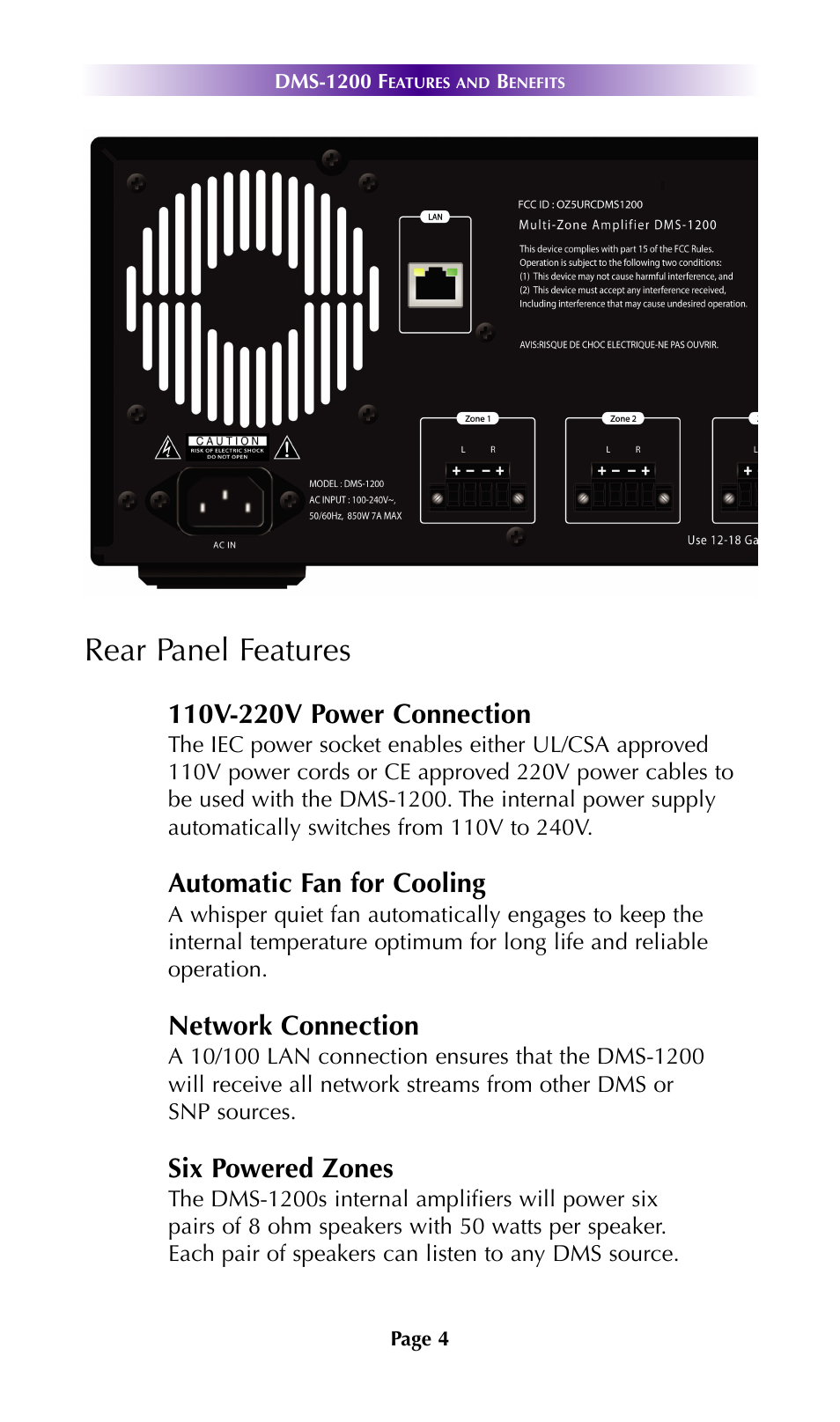 Rear panel features, Automatic fan for cooling, Network connection | Six powered zones | Staub Electronics DMS-1200 URC - MULTI ZONE NETWORK AMPLIFIER User Manual | Page 7 / 18
