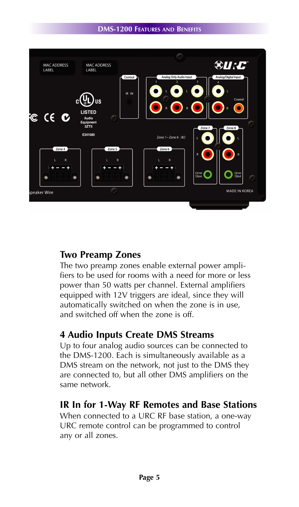 Two preamp zones, 4 audio inputs create dms streams, Ir in for 1-way rf remotes and base stations | Staub Electronics DMS-1200 URC - MULTI ZONE NETWORK AMPLIFIER User Manual | Page 8 / 18