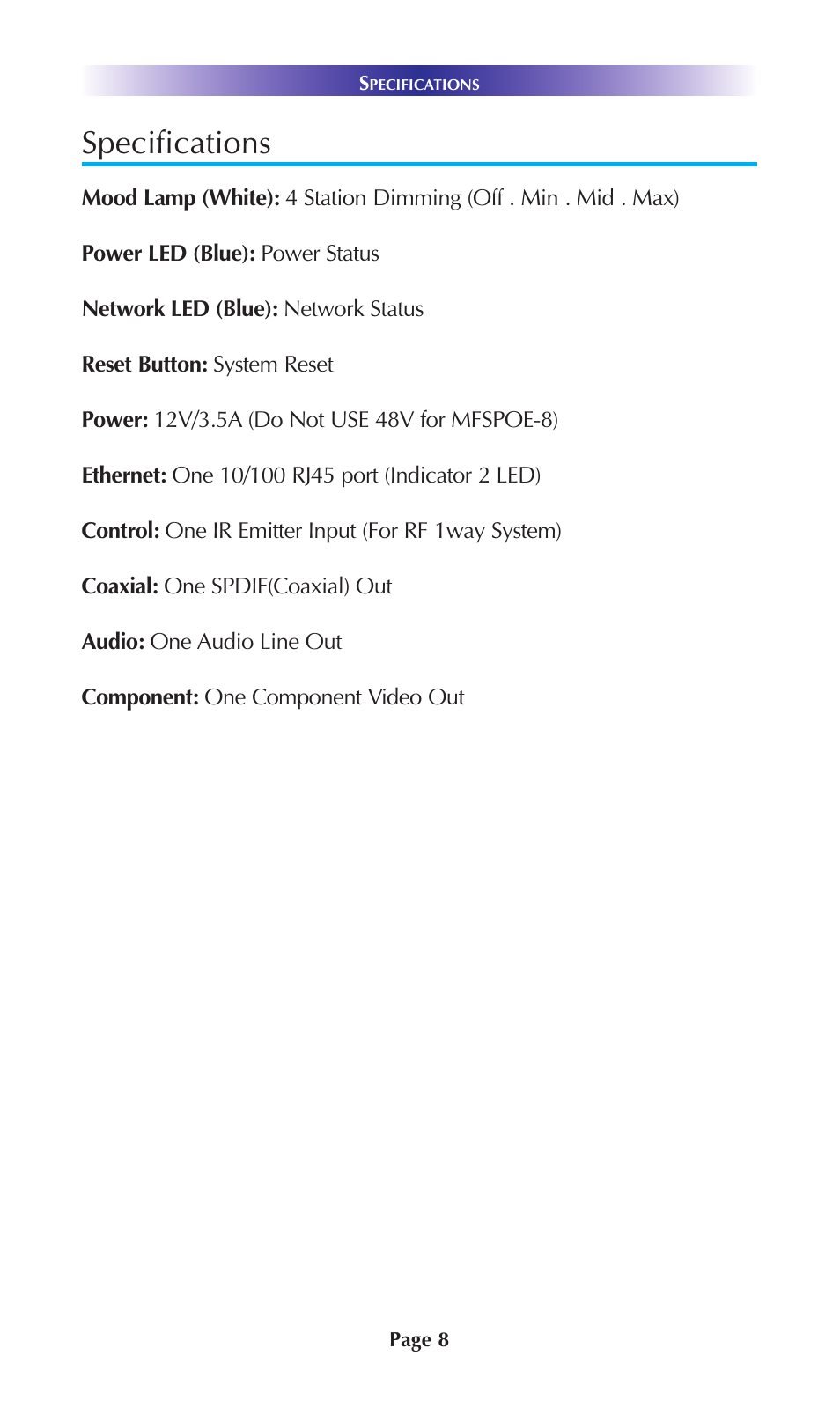 Specifications | Staub Electronics SNP-1 URC - 2 WAY STREAMING NETWORK PLAYER User Manual | Page 10 / 16