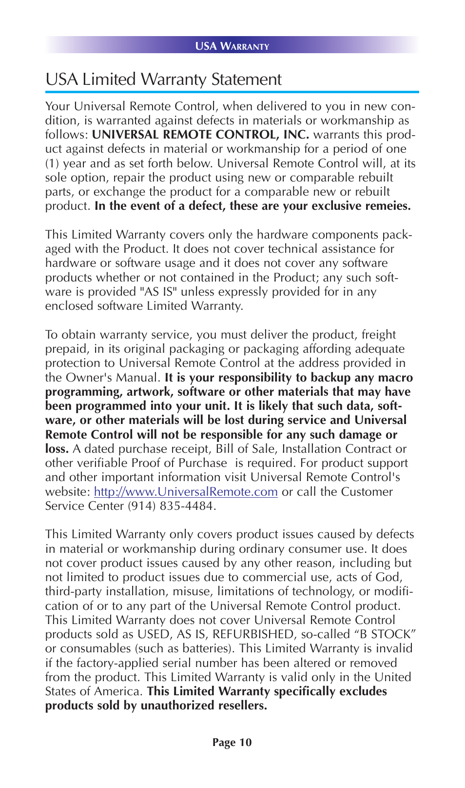 Usa limited warranty statement | Staub Electronics SNP-1 URC - 2 WAY STREAMING NETWORK PLAYER User Manual | Page 12 / 16