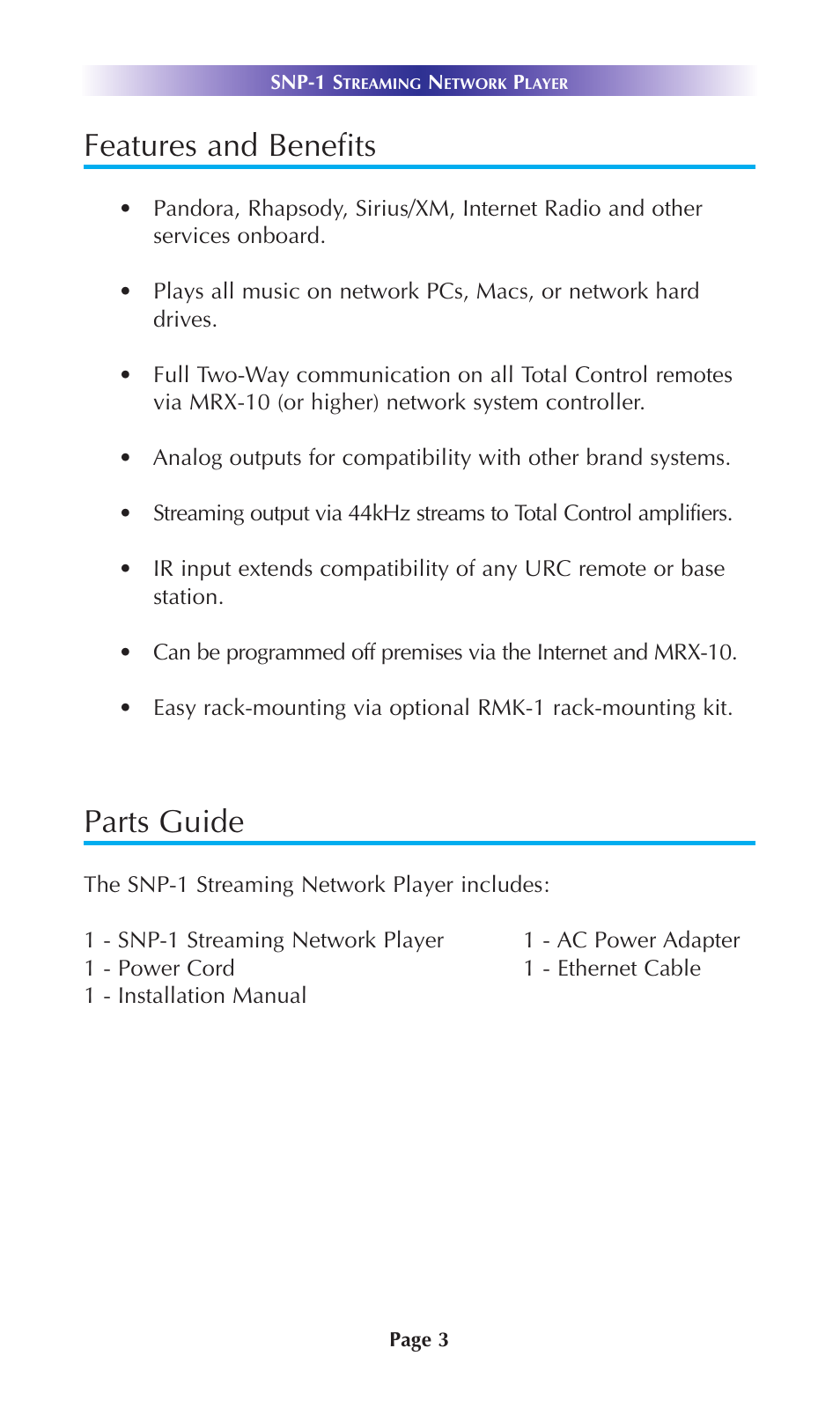 Features and benefits, Parts guide | Staub Electronics SNP-1 URC - 2 WAY STREAMING NETWORK PLAYER User Manual | Page 5 / 16