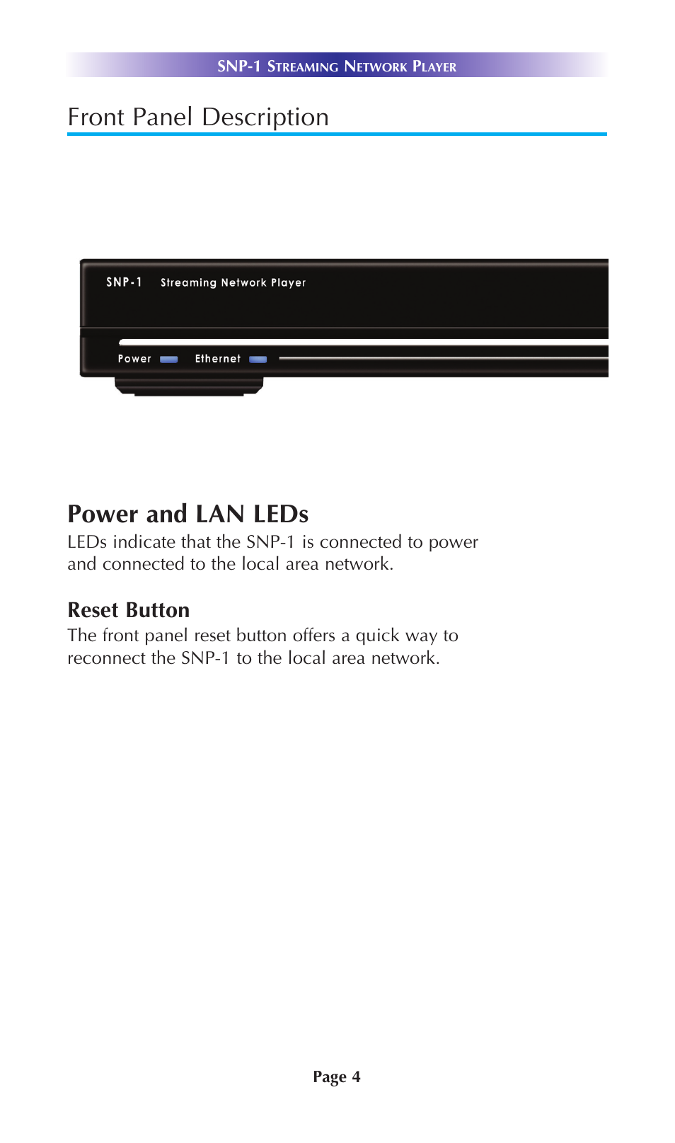 Front panel description power and lan leds, Reset button | Staub Electronics SNP-1 URC - 2 WAY STREAMING NETWORK PLAYER User Manual | Page 6 / 16