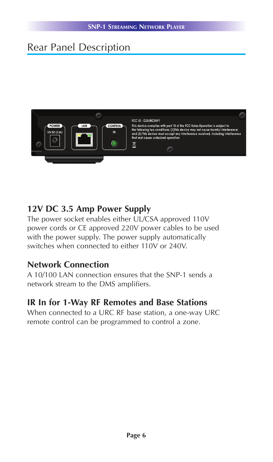 Rear panel description, 12v dc 3.5 amp power supply, Network connection | Ir in for 1-way rf remotes and base stations | Staub Electronics SNP-1 URC - 2 WAY STREAMING NETWORK PLAYER User Manual | Page 8 / 16