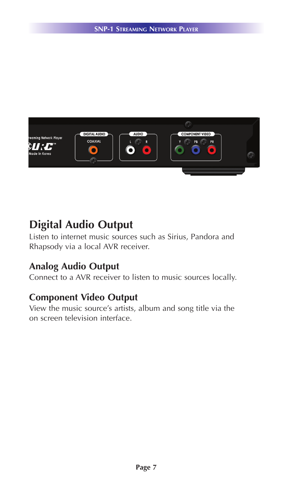 System features digital audio output, Analog audio output, Component video output | Staub Electronics SNP-1 URC - 2 WAY STREAMING NETWORK PLAYER User Manual | Page 9 / 16