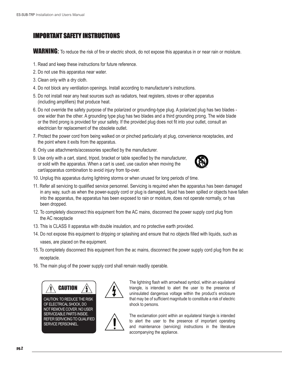 Important safety instructions warning, Important safety instructions | Staub Electronics ES-SUB-TRP10-500-BLK EPISODE - 500 WATT TRIPLE 10IN POWERED SUBWOOFER User Manual | Page 2 / 10