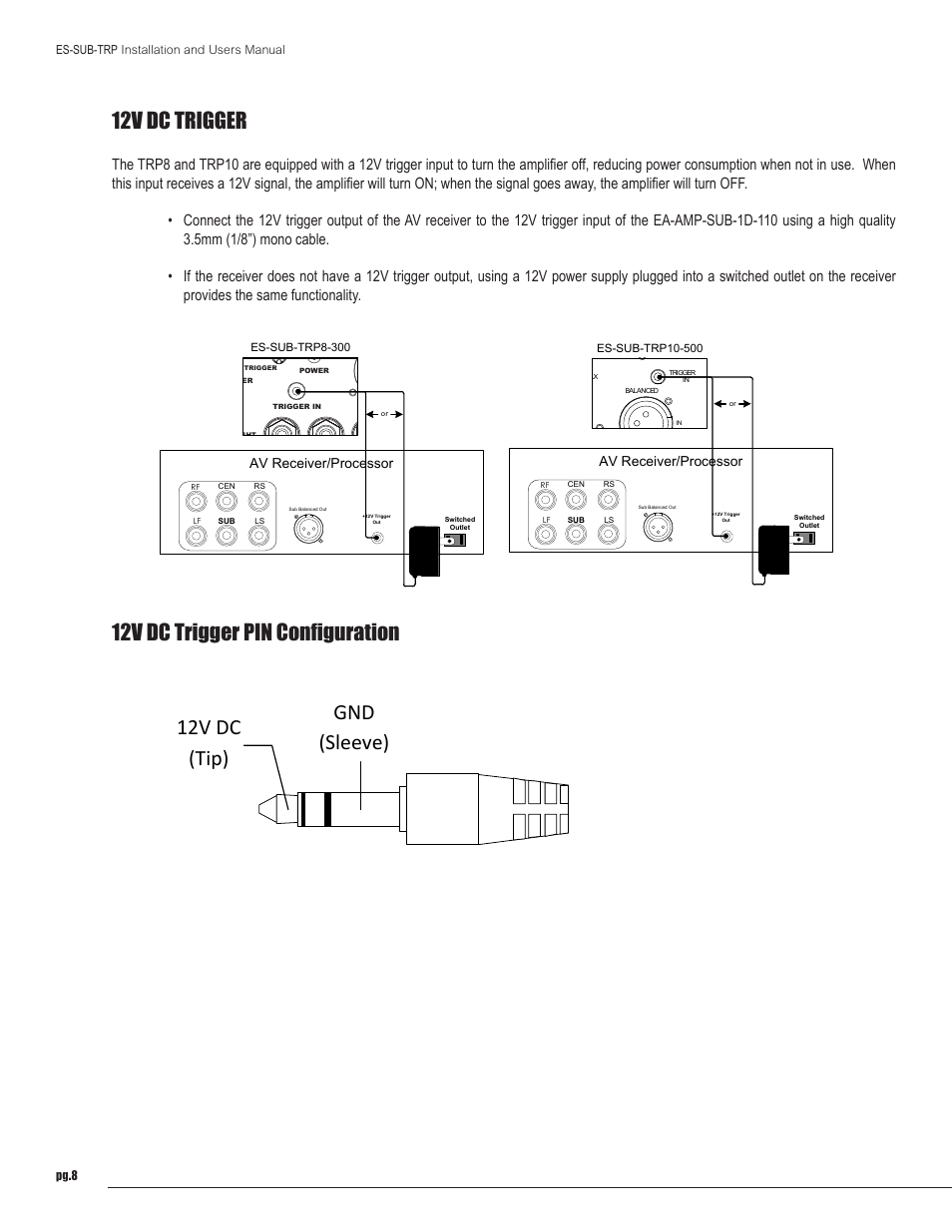 12v dc trigger, Av receiver/processor, Pg.8 es-sub-trp installation and users manual | Attention: caution, Attention, Caution, Es-sub-trp8-300 | Staub Electronics ES-SUB-TRP10-500-BLK EPISODE - 500 WATT TRIPLE 10IN POWERED SUBWOOFER User Manual | Page 8 / 10