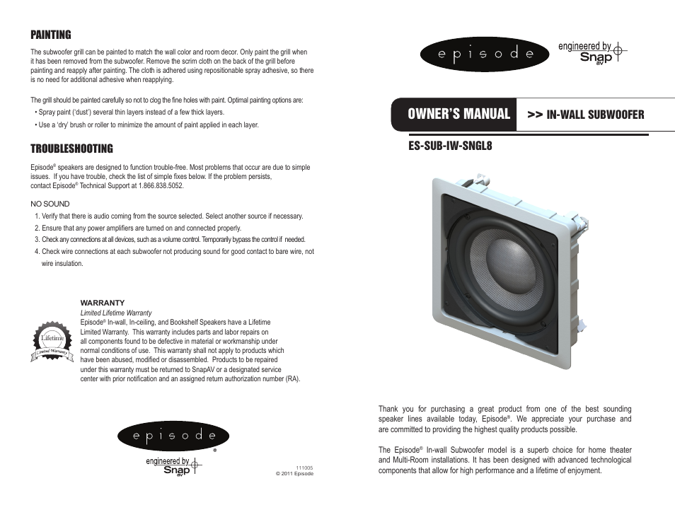 Staub Electronics ES-SUB-IW-SNGL8 EPISODE - SUB SERIES IN-WALL PASSIVE SUB W_ SINGLE 8 WOOFER User Manual | 2 pages