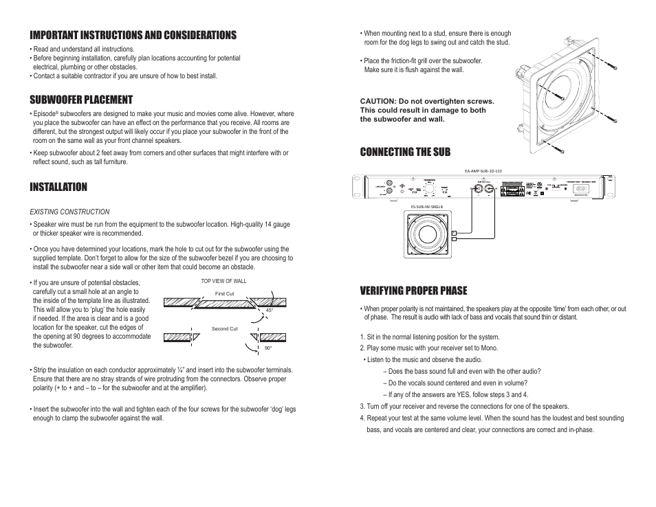 Important instructions and considerations, Subwoofer placement, Installation | Verifying proper phase, Connecting the sub, Engineered in the usa manufactured in china | Staub Electronics ES-SUB-IW-SNGL8 EPISODE - SUB SERIES IN-WALL PASSIVE SUB W_ SINGLE 8 WOOFER User Manual | Page 2 / 2