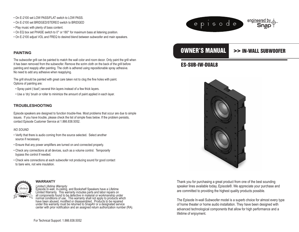 Staub Electronics ES-SUB-IW-DUAL8 EPISODE - SUB SERIES IN-WALL PASSIVE SUB W_DUAL 8 WOOFERS User Manual | 2 pages