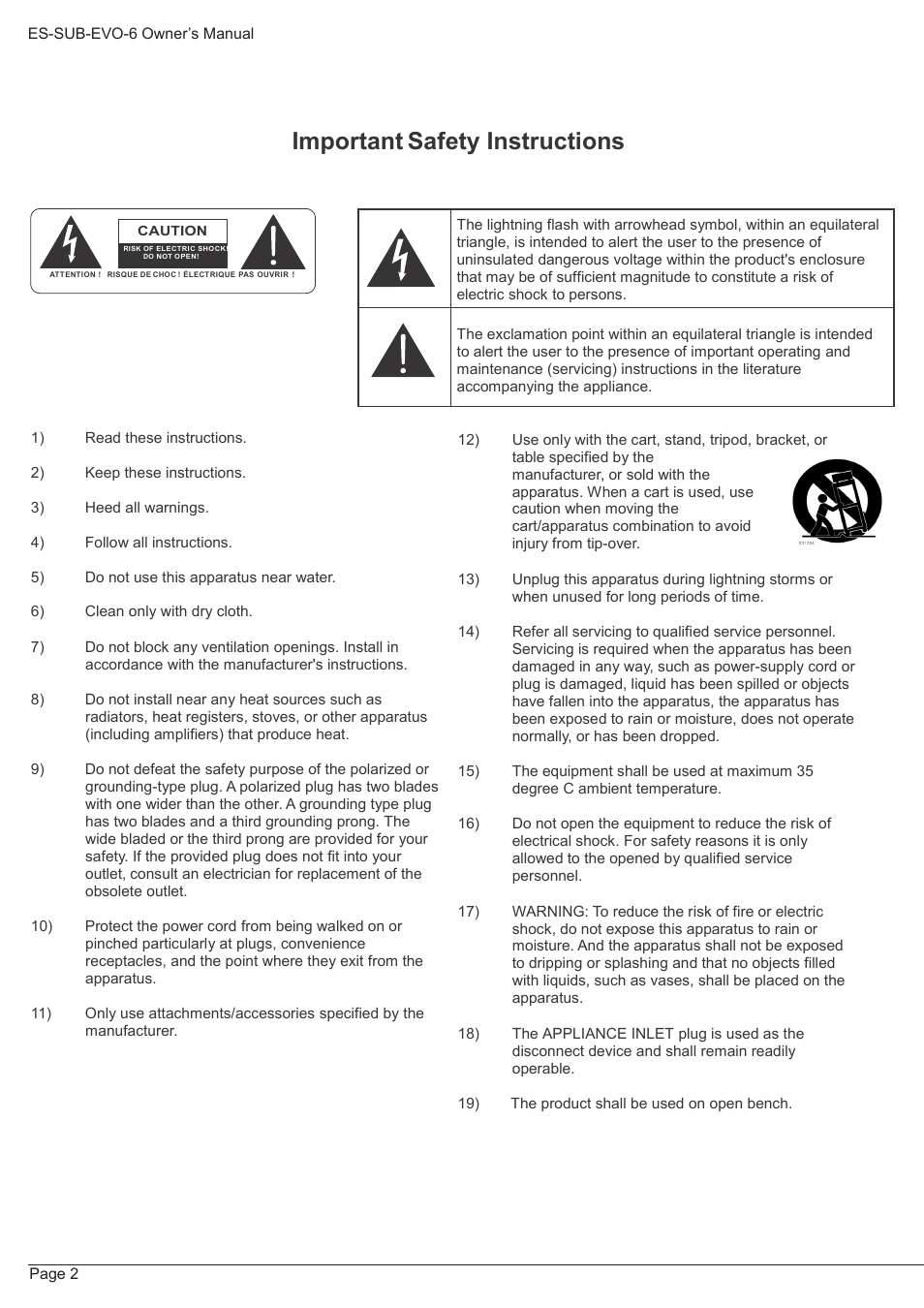 Important safety instructions | Staub Electronics ES-SUB-EVO6-100 EPISODE - EVOLUTION 6 IN POWERED SUBWOOFER (100 WATT) User Manual | Page 2 / 12