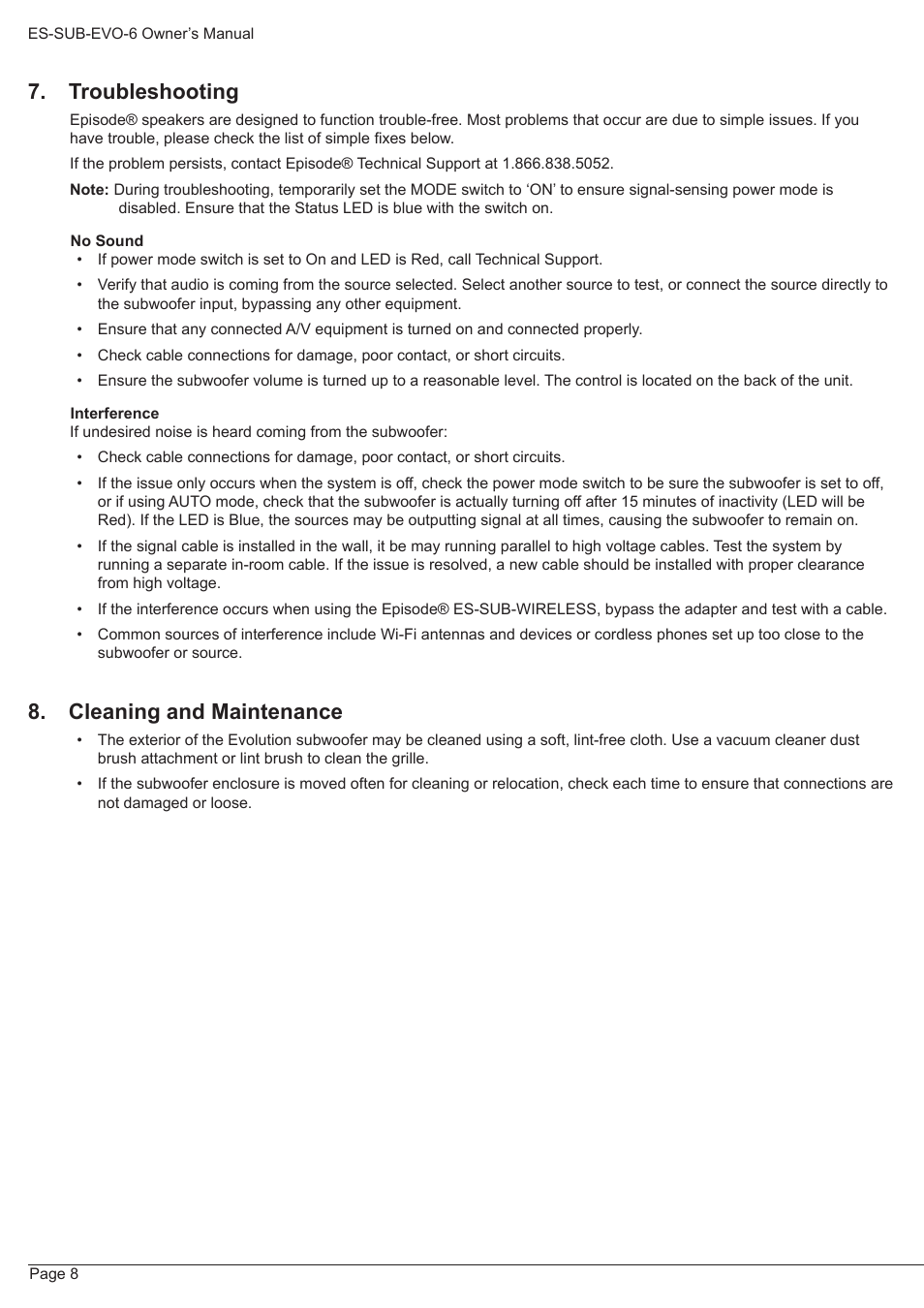 Troubleshooting, Cleaning and maintenance | Staub Electronics ES-SUB-EVO6-100 EPISODE - EVOLUTION 6 IN POWERED SUBWOOFER (100 WATT) User Manual | Page 8 / 12