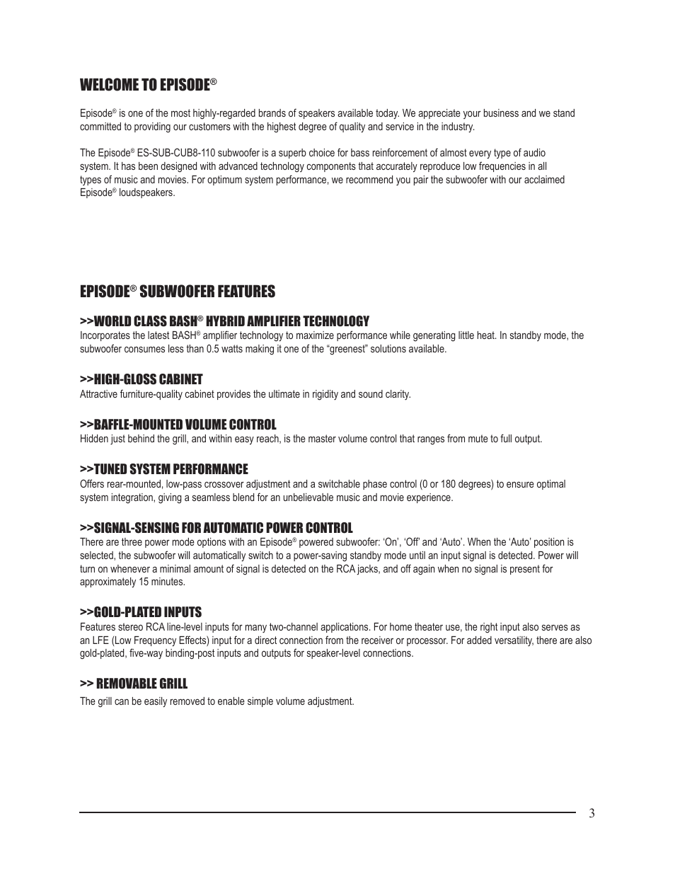Welcome to episode, Episode, Subwoofer features | Staub Electronics ES-SUB-CUB8-110 EPISODE - CUB 110 WATT POWERED SUBWOOFER User Manual | Page 3 / 8