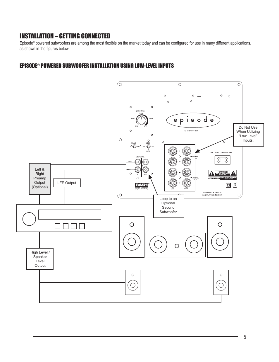 Installation – getting connected, Episode | Staub Electronics ES-SUB-CUB8-110 EPISODE - CUB 110 WATT POWERED SUBWOOFER User Manual | Page 5 / 8