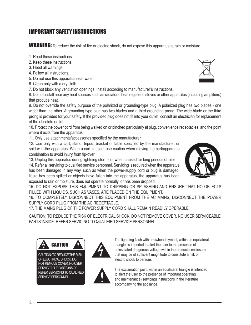 Important safety instructions warning | Staub Electronics ES-SUB-12-300-BLK EPISODE - 300 WATT 12IN POWERED SUBWOOFER User Manual | Page 2 / 8