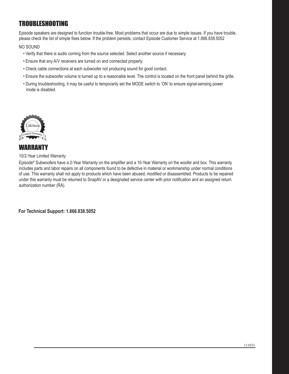 Troubleshooting, Warranty | Staub Electronics ES-SUB-12-300-BLK EPISODE - 300 WATT 12IN POWERED SUBWOOFER User Manual | Page 8 / 8