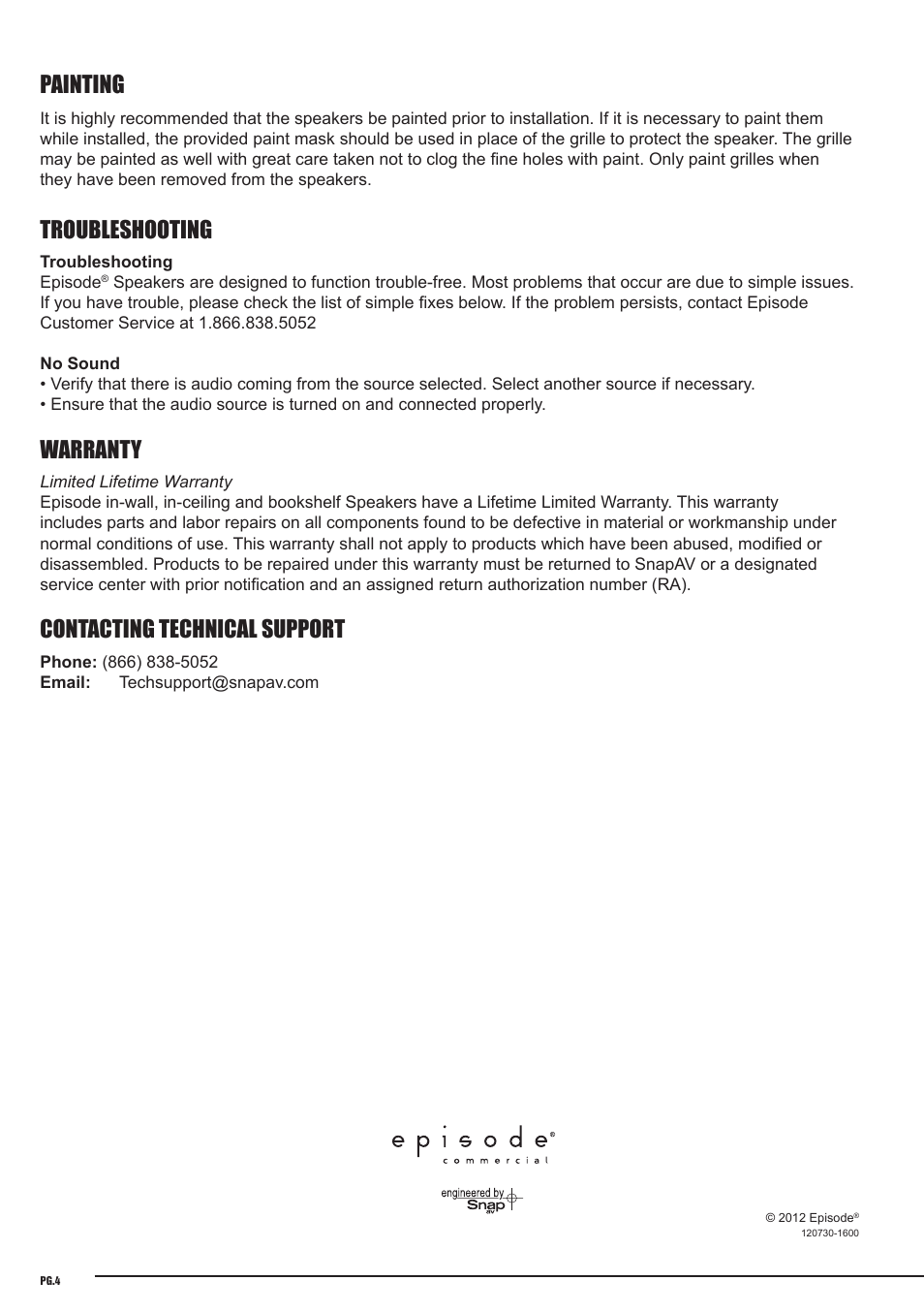 Painting, Troubleshooting, Warranty | Contacting technical support | Staub Electronics ECS-250-IC-6 EPISODE - 250 COMMERCIAL SERIES IN-CEILING 25_70-VOLT TWO-WAY SPEAKER WITH 6 1_2 IN WOOFER (EACH) User Manual | Page 4 / 4